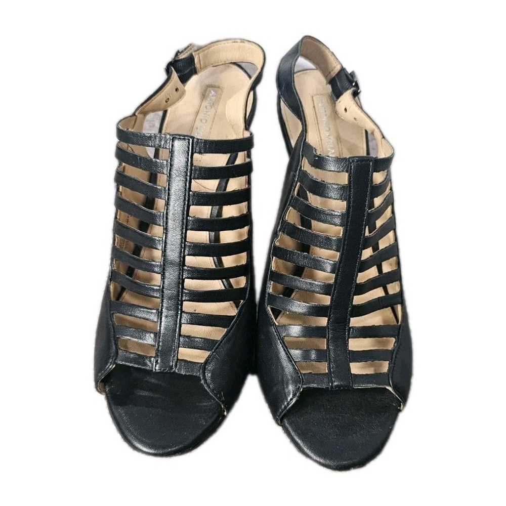 Antonio MELANIE BLACK Leather Strappy Heels, 8.5 M. Slingback Closure, Opentoe